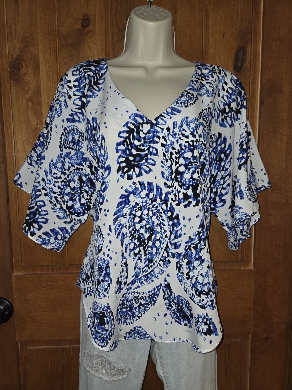 Central Park West White Top with Blue Floral Print